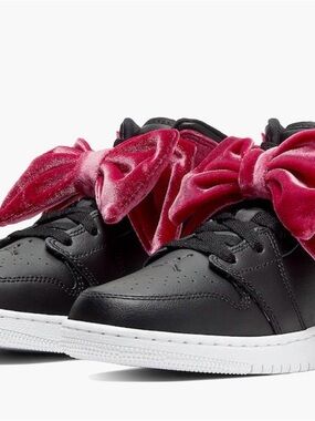 Air Jordan 1 Mid Bow Kids Black Sneakers with Pink Velvet Bow